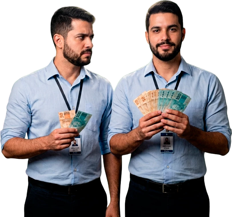 Dois funcionários idênticos, com a mesma camisa e o mesmo crachá: um segura um maço de notas e o outro, com apenas duas notas na mão, olha de lado para o dinheiro do colega